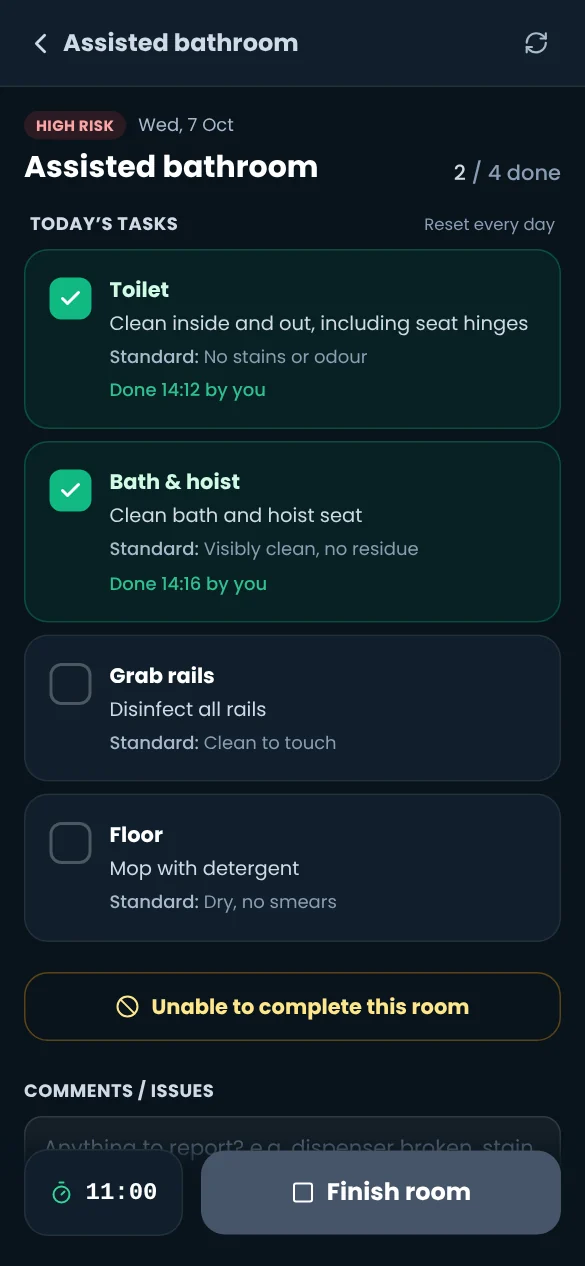Room checklist with ticked tasks, expected standards and the running room timer