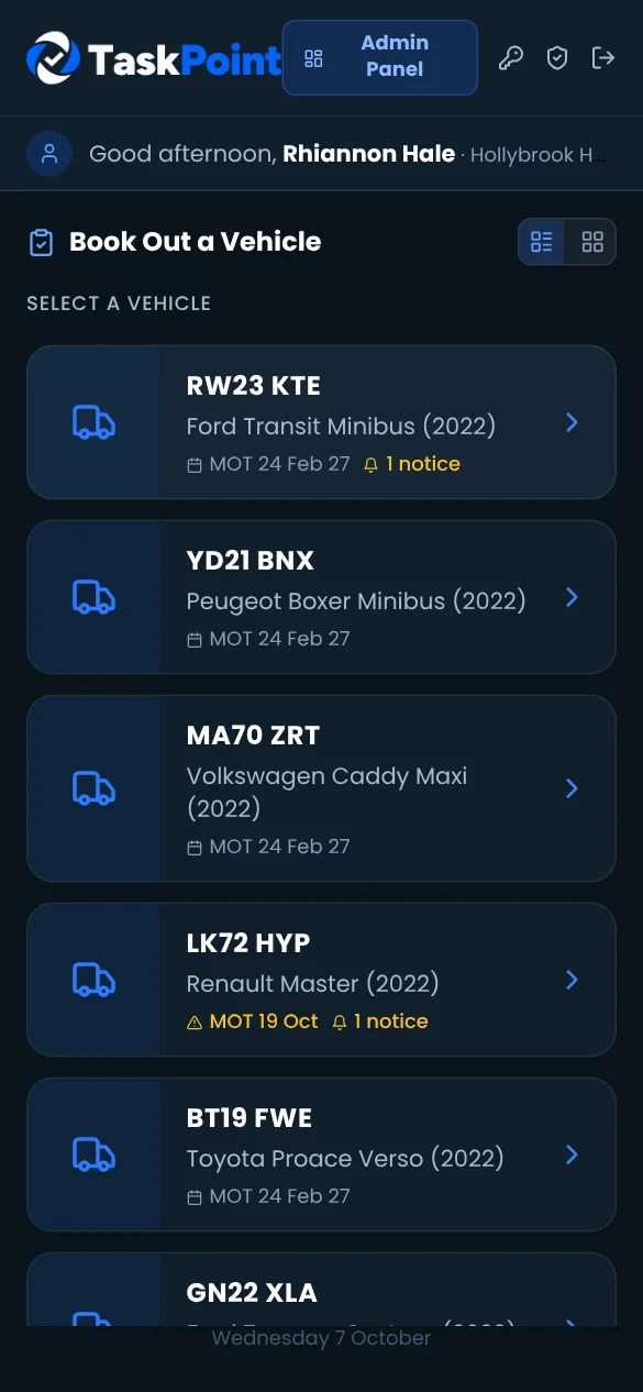 Phone screen listing vehicles to book out, with MOT dates and notice counts